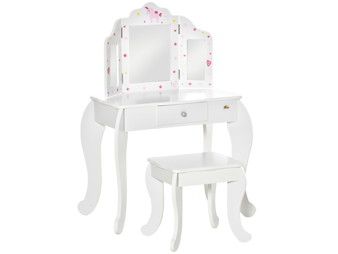 Tocador Infantil, Taburete, Mesa De Maquillaje, Espejo Triple, Cajón, Blanco.