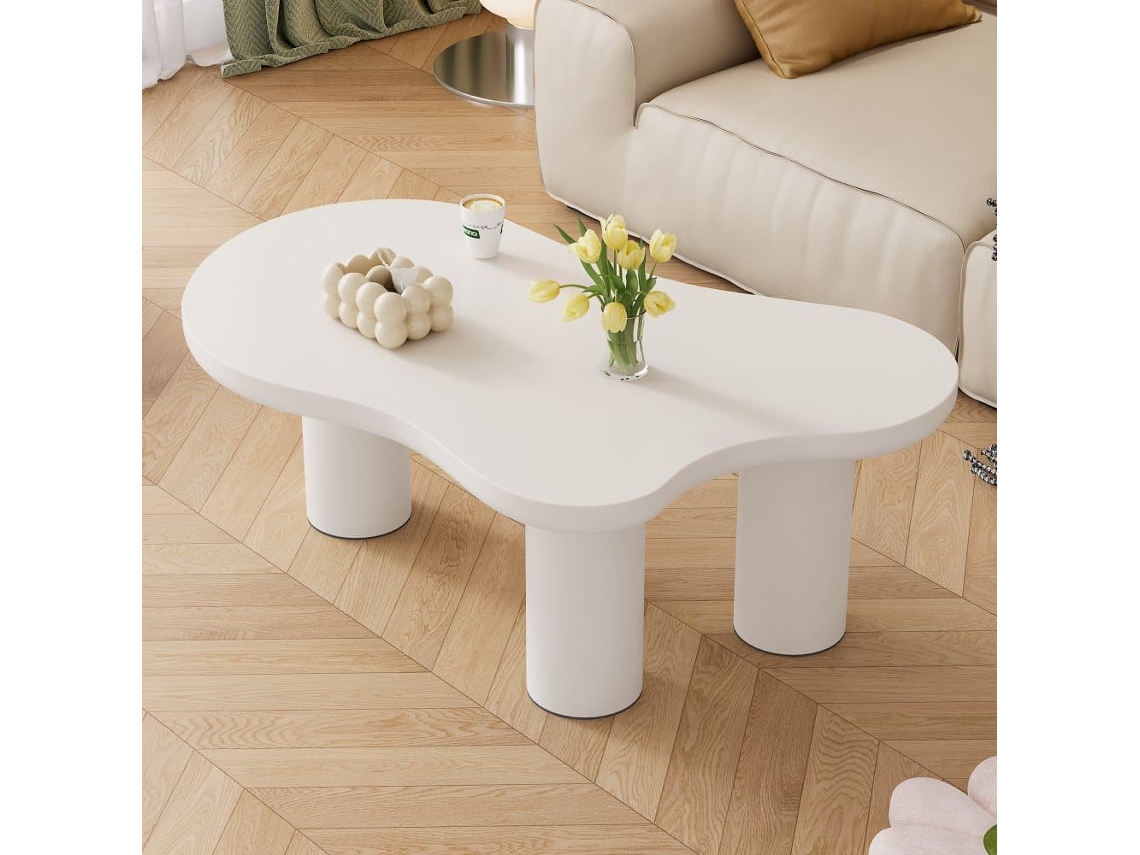 Mesa De Centro 107x66x40,5 Cm - Diseño Irregular En Forma De Nube, Mdf Y Patas Pvc - Blanco