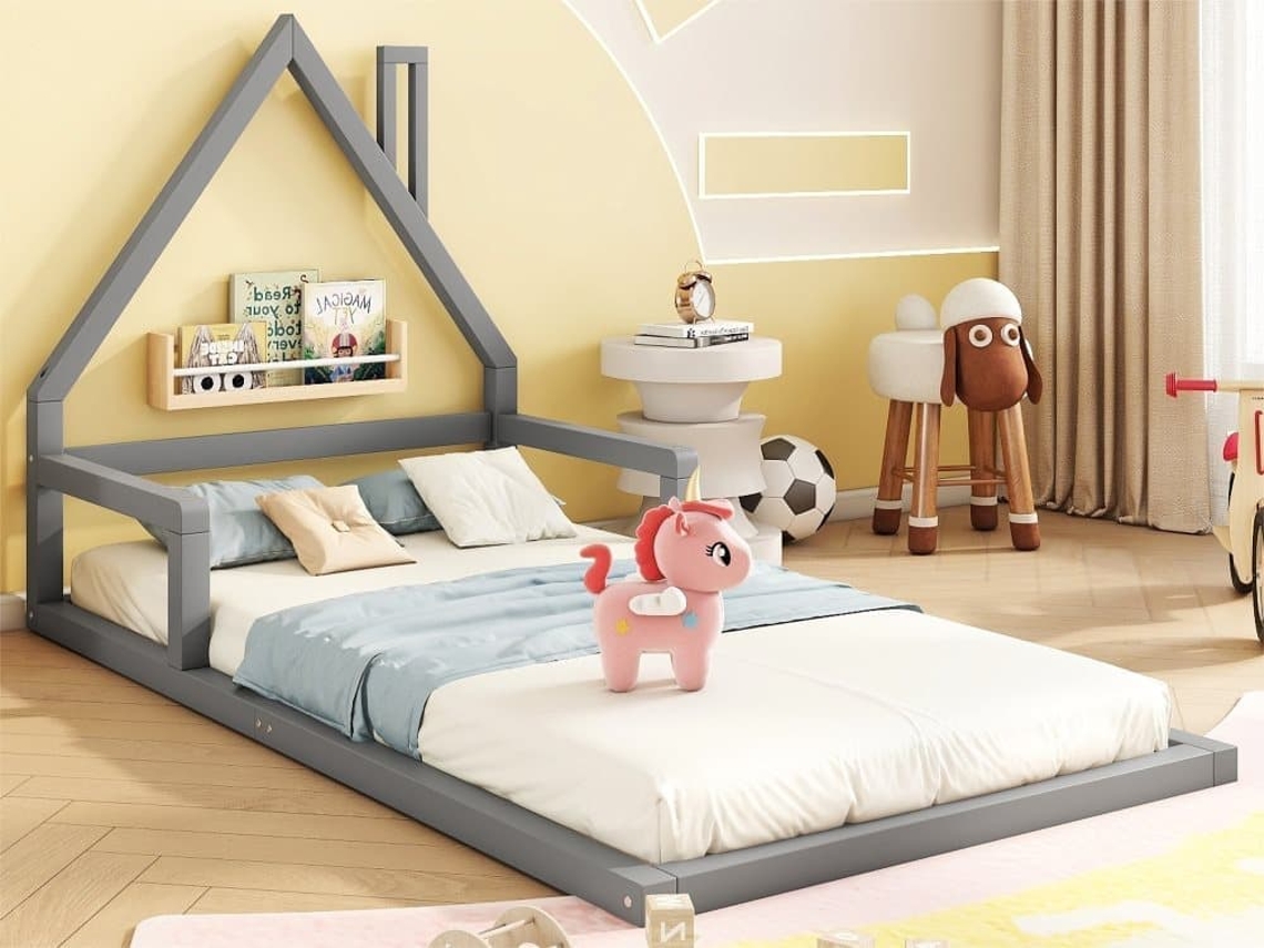 Cama Infantil 90x200 Cm - Cama Baja, Forma De Casa, Madera De Pino, Estilo Sencillo - Gris