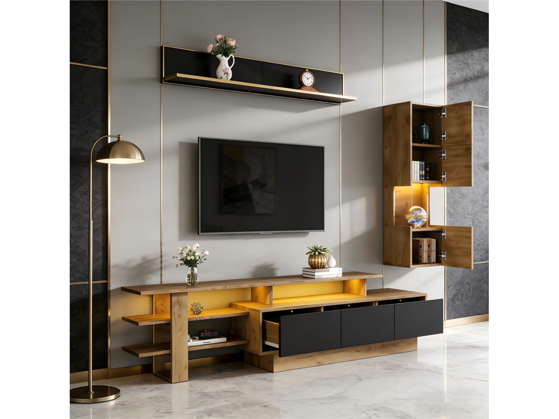 Mueble De Pared Para Tv Led Con 3 Cajones Y Vitrina, De Madera Negra.