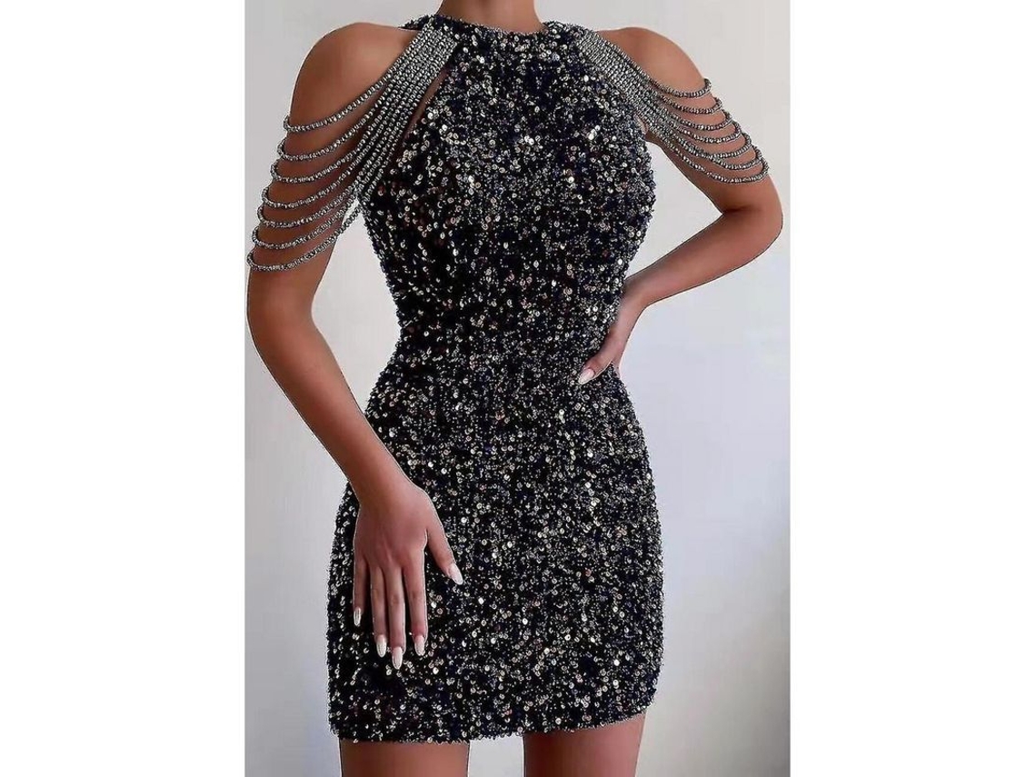 Vestido Sexy De Lentejuelas Dorado Hombros Al Aire Corto Bodycon Para Fiesta 1920s Gatsby L Negro