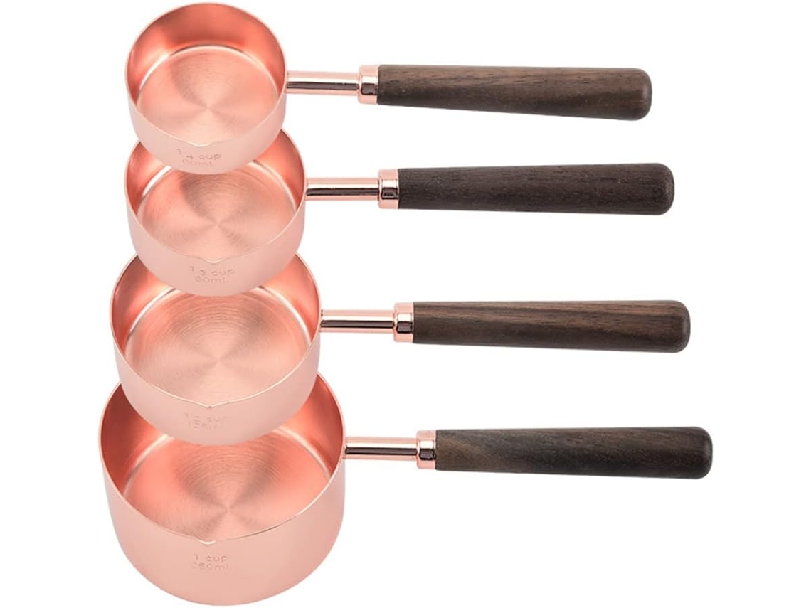 Juego 4 Cucharas/vasos Medidores Acero Inoxidable Mangos Madera Para Líquidos Sólidos.