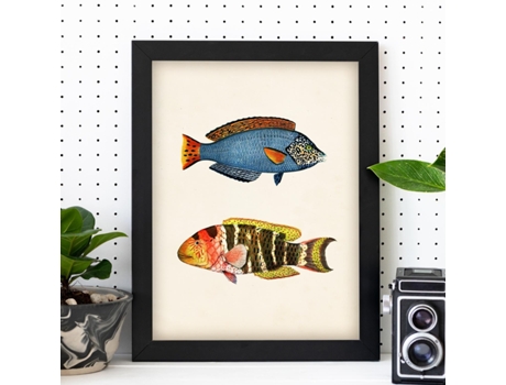 Póster NACNIC de Dos Peces Azul, Rojo, Amarillo y Naranja en , Fondo Papel Vintage.