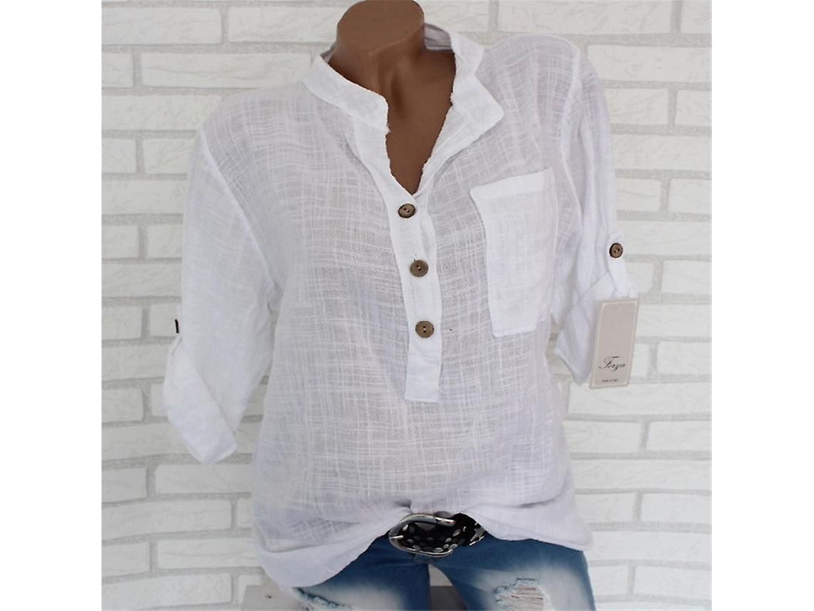 2026-blusa De Lino Para Mujer Con Manga Larga Y Cierre De Botones, Blusa Casual De Algodón Con Borde Asimétrico Y Bolsillo Pecho