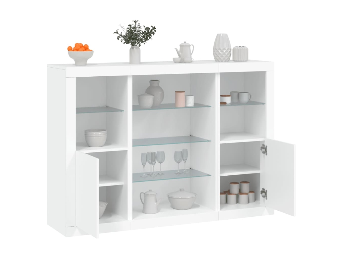 Pack 3 Uds Aparador | Mueble De Comedor | Buffetes Con Luces Led Madera De Ingeniería Blanco Wsd975689