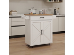 Carrito Con Ruedas Para Isla De Cocina Con Estantes Ajustables, Toallero Y Estante Para Condimentos, Tablero De Madera De Caucho, Color Blanco