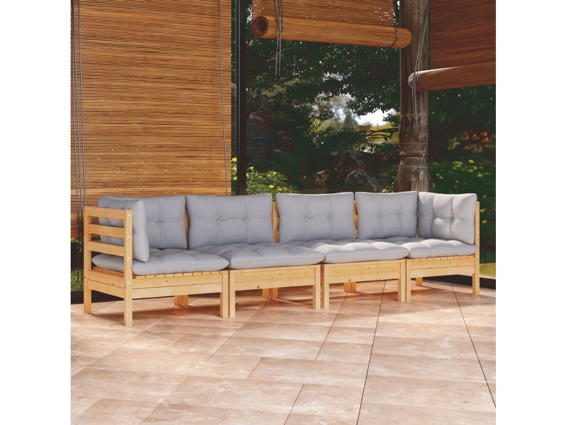 Conjunto de jardín de 4 piezas con cojines de pino macizo gris DKD Home Decor
