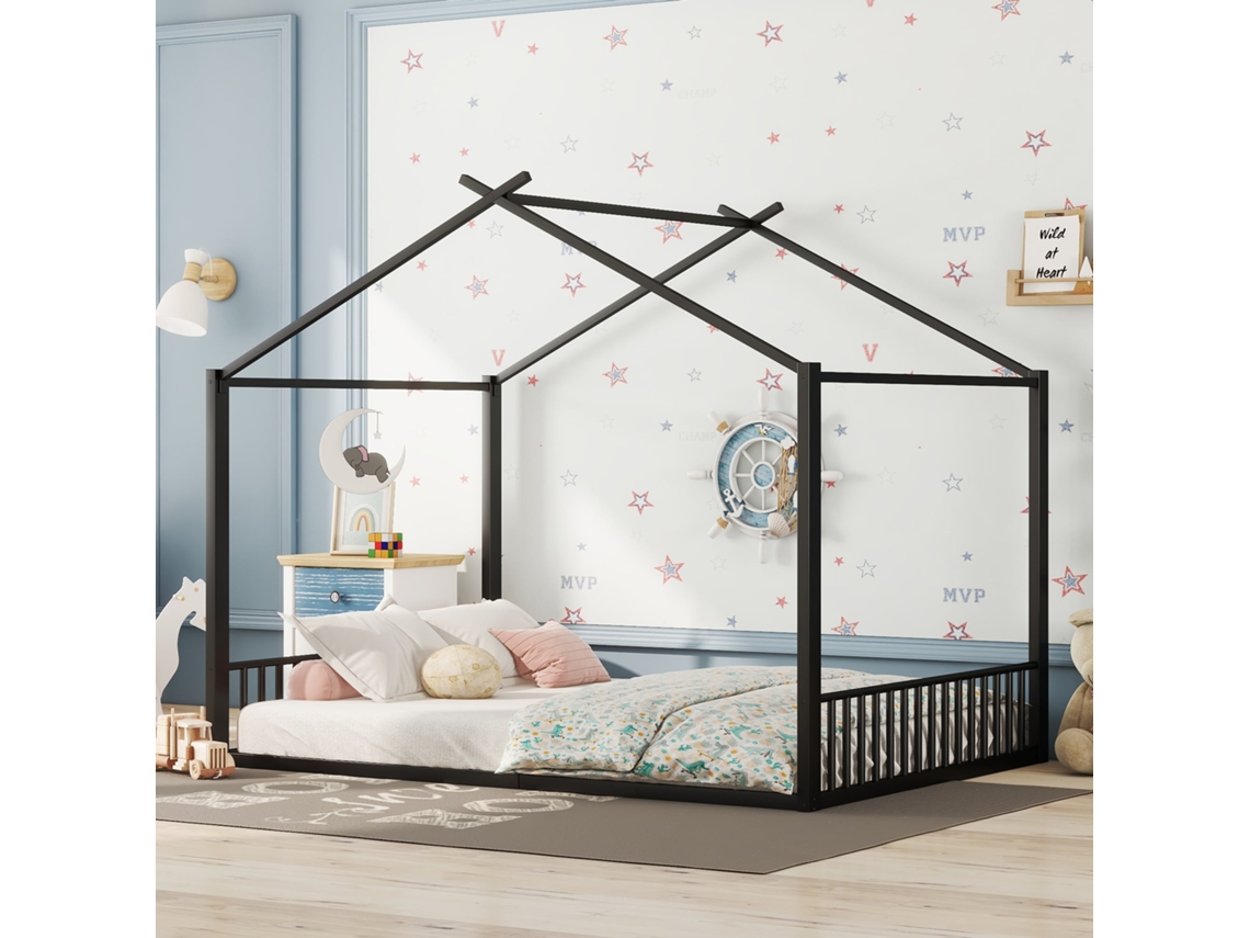 Cama Metálica De 140x200 Con Barandillas De Seguridad Negras.