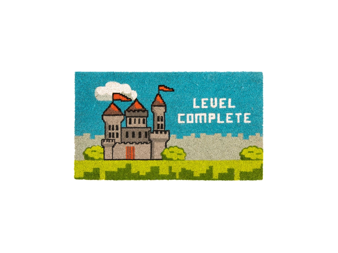 Felpudo original “Level complete” de coco con base antideslizante de PVC Felpudo entrada casa Pintado a mano Medidas: 70 cm x 40  FISURA