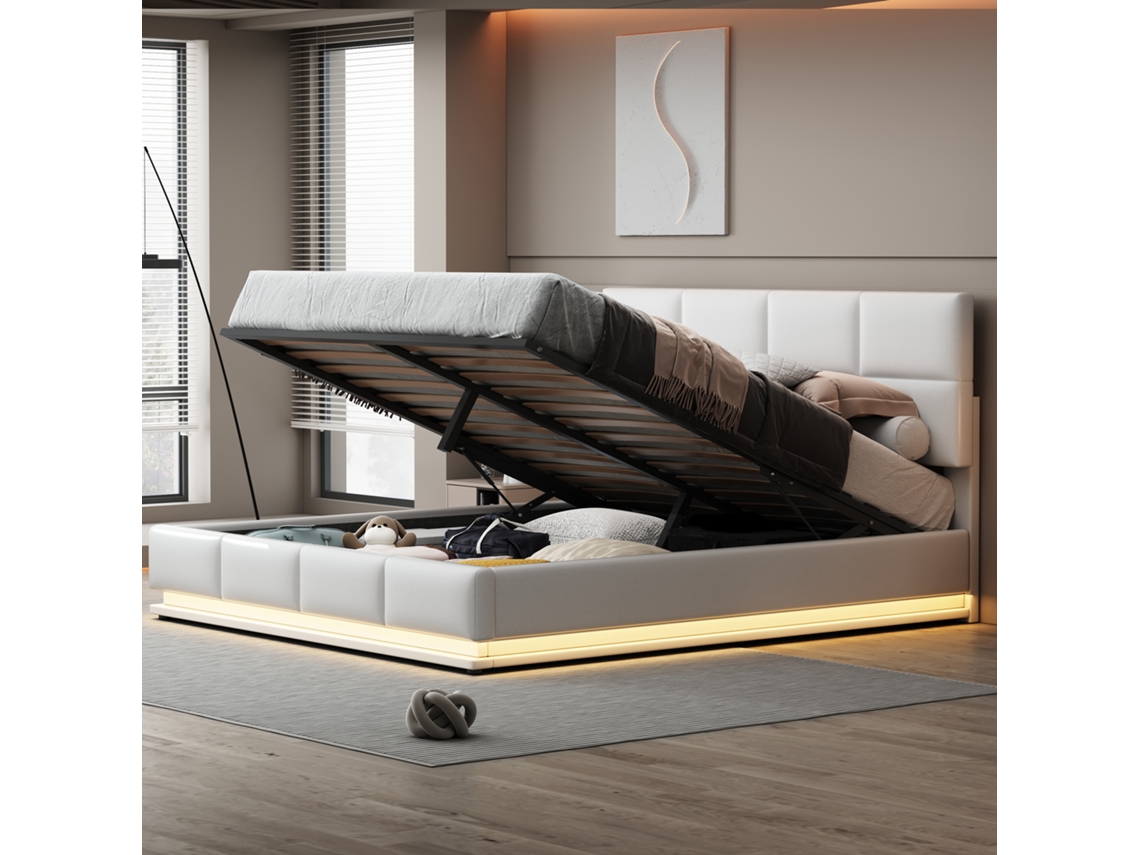 Cama Tapizada 180x200 Cm - Con Led, Almacenamiento Hidráulico, Base De Madera, Cuero Sintético - Blanco