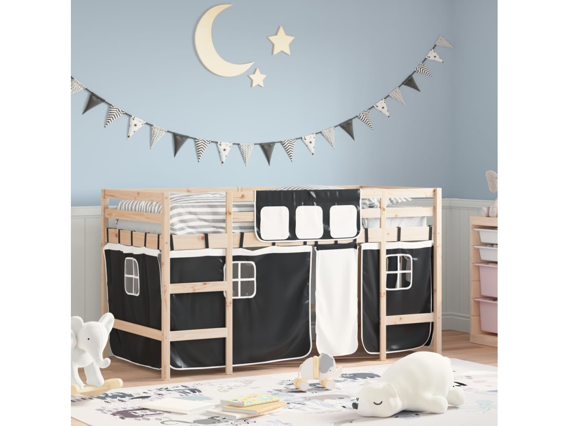Cama Alta Niños Con Cortinas Madera Pino Blanco Negro 80x200 Cm