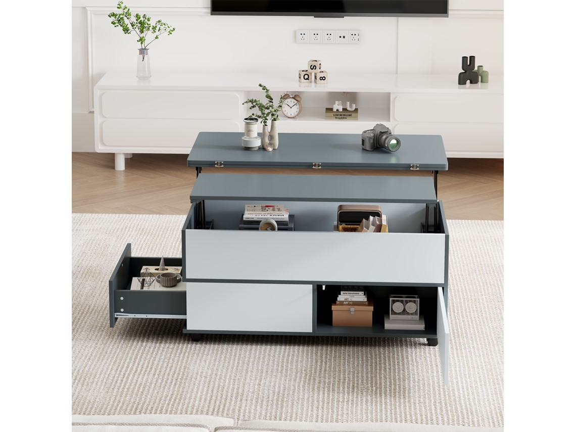 Mesa de centro ajustable de 100 x 98 x 65 cm con almacenaje y estantes, con ruedas y 1 cajón, estilo gris y blanco.
