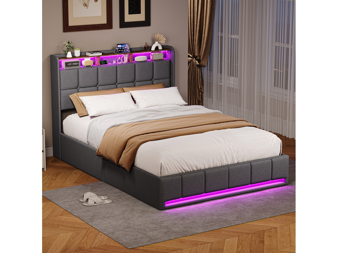 Cama Doble 140 X 190 Cm, Cama Tapizada Con Led, Usb Tipo C, Cabecero Con Espacio De Almacenamiento, Gris, Tejido De Lino