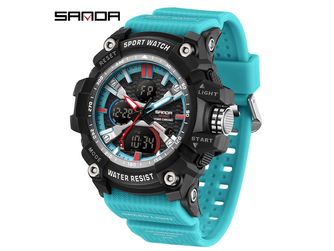 Reloj MDUG moderno y multifuncional con alarma, acabado luminoso, resistente al agua y a los golpes (negro/naranja).