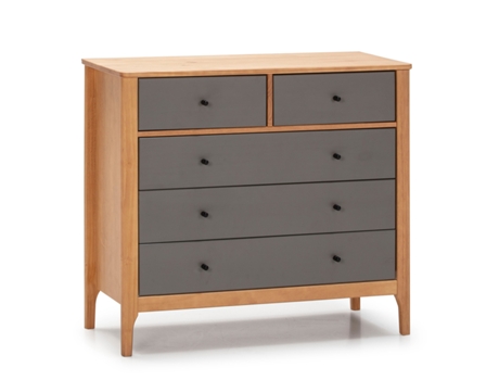 Cómoda de Noche Luca 5 cajones Roble, Madera Maciza, 90 x 40 x 82 cm