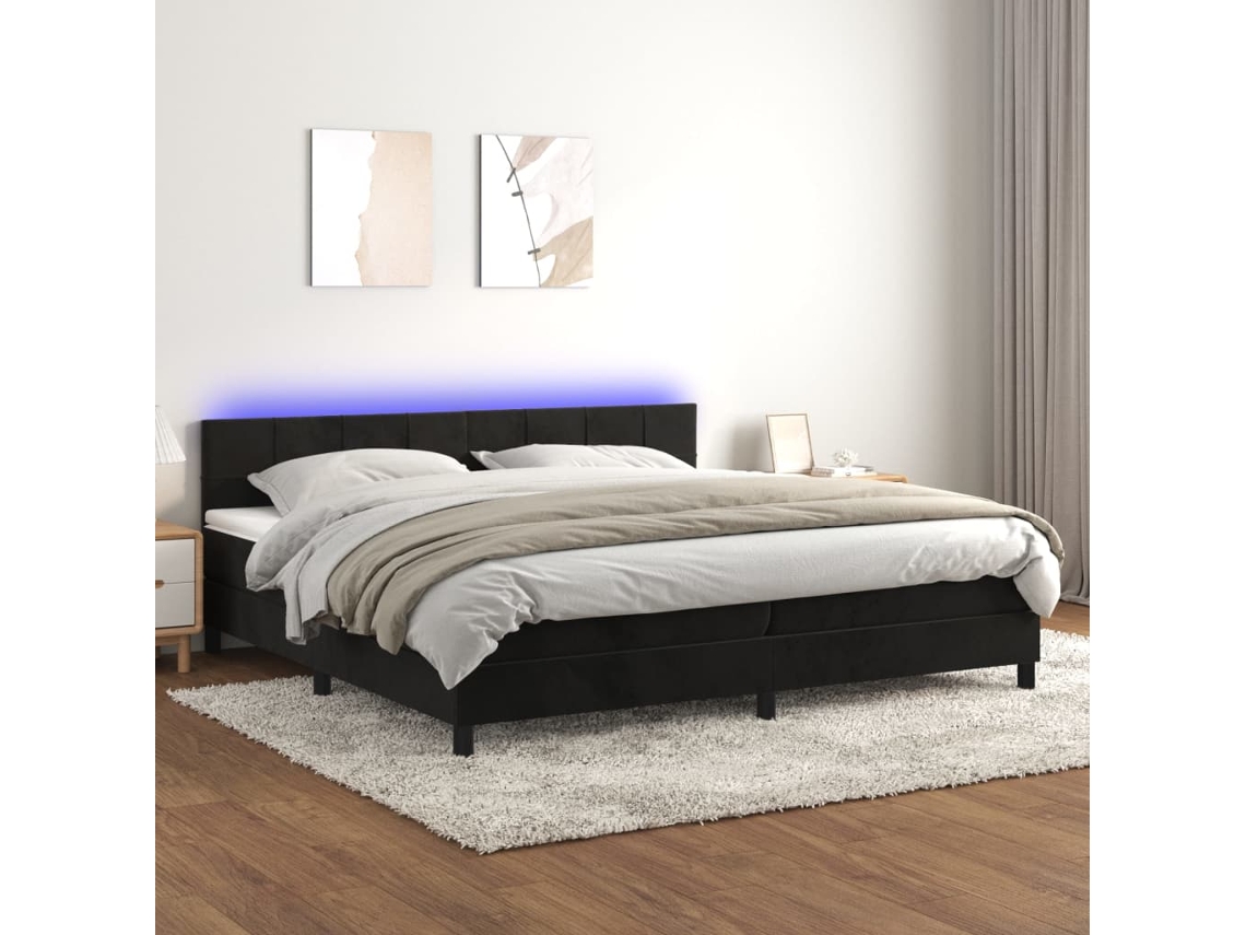 Cama Box Spring Colchón Y Led Terciopelo Negro 200x200 Cm