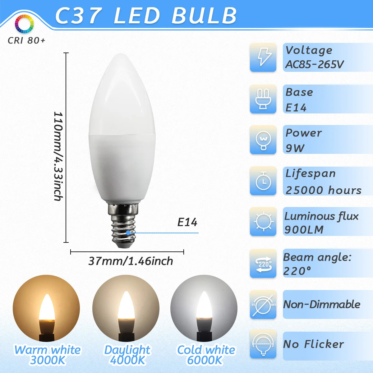 (c37 9w, Luz Natural 4000k) 10pcs E14 Led Candle Bombilla, Ac220v, Para Candelabro, Ahorro De Energía Y Protección Del Medio Ambiente