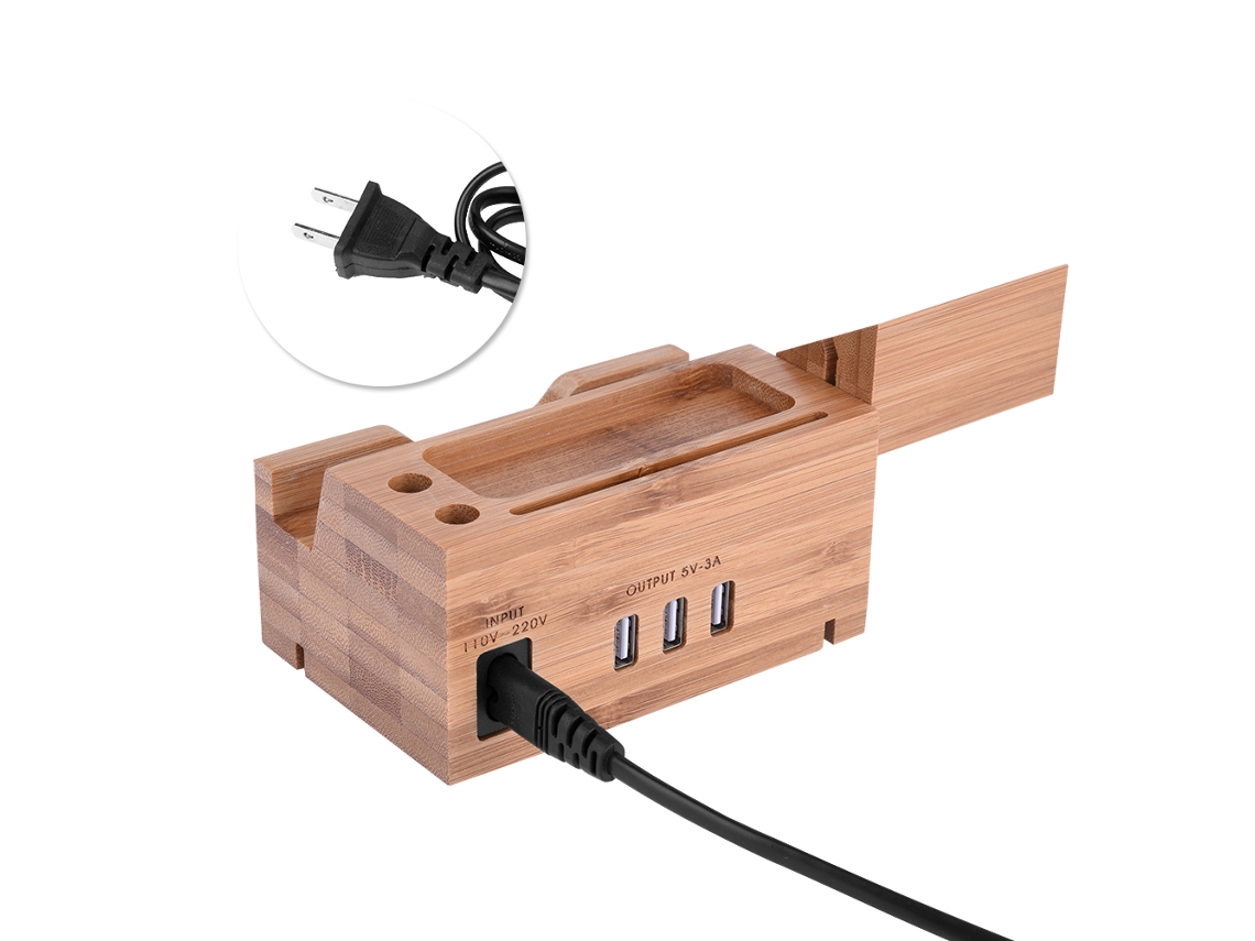 Base De Carga De Madera Con 3 Puertos Usb Para Iwatch Y Iphone