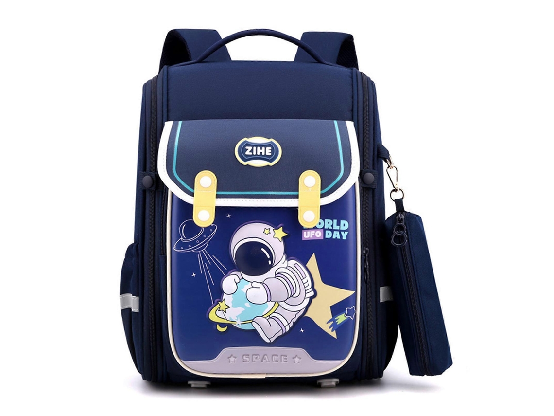 Mochila infantil con estampado de dibujos animados en 3D, resistente, con correas dobles y portalápices, azul marino.