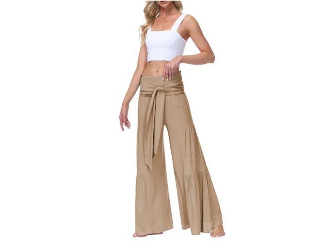 2026-pantalones De Pijama Anchos Para Mujer De Cintura Alta Con Cinturón Y Bow Boho Para Yoga Y Playa L Albaricoque