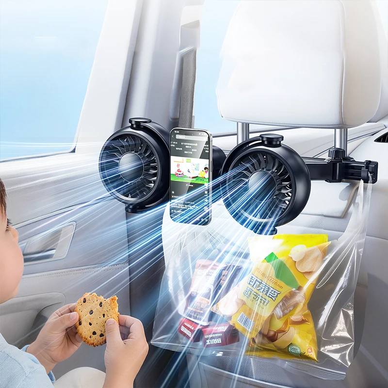 Ventilador Trasero Para Coche (negro) Con Tres Velocidades, Rotación De 360° Y Soporte Magnético Para Teléfono.