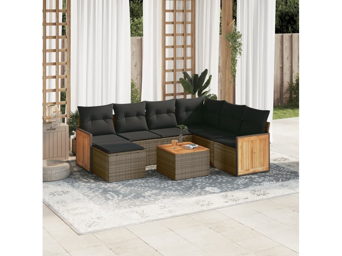 Conjunto de sofá de jardín de 8 piezas con cojines, ratán gris, DKD Home Decor