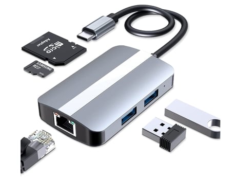USB C HUB 5 en 1, adaptador USB C multipuerto con USB 3.0, Ethernet RJ45 y lector de tarjetas SD/TF, plateado BISBISOUS