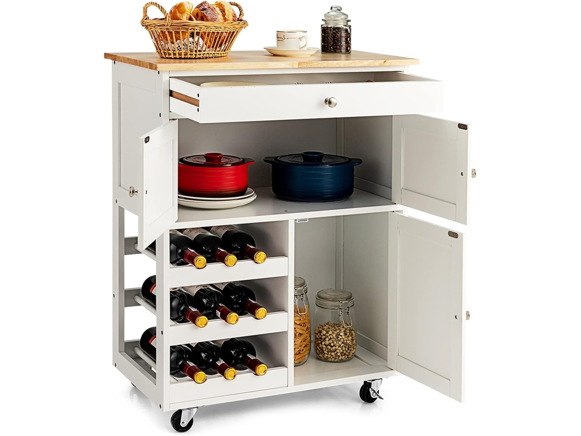 Carro de Cocina Isla de Cocina Carrito Giratorio con Superficie de Madera de Goma Botellero con 3 Niveles para Restaurante Cocina Bar COSTWAY
