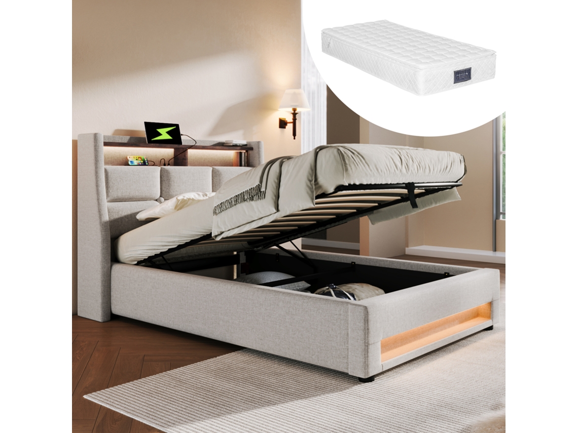 Cama Individual De 90x200 Cm Con Iluminación Led Y Puerto Usb, Estructura Metálica, Tela De Lino Y Colchón.beige