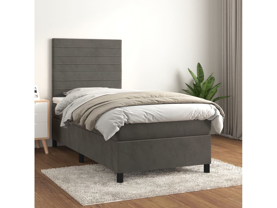 Cama Box Spring Con Colchón Terciopelo Gris Oscuro 90x200 Cm
