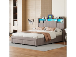 Cama Doble 140 X 200 Cm, Cama Tapizada Con Led, Usb Y 2 Cajones Cabecero Con Espacio De Almacenamiento, Gris Lino