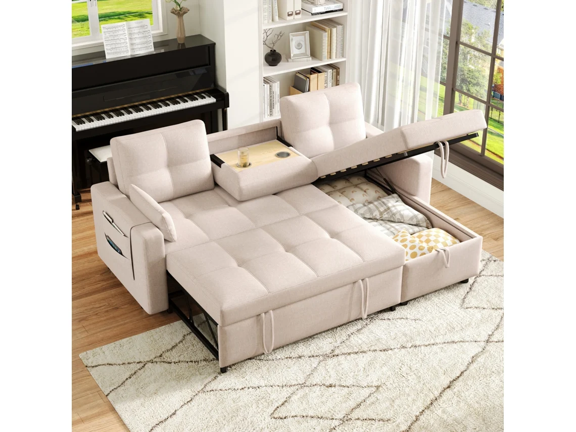 Sofá moderno de 3 plazas en forma de L, convertible modular con espacio de almacenamiento y portavasos, beige, Mobrio