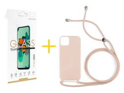 Pack 1 X Película de Vidrio Templado 2.5D + Funda GANDY por Apple iPhone 16 Gel con Cordón Rosa Pastel