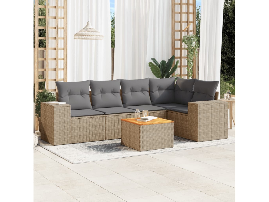 Conjunto de sofá de jardín de 6 piezas con cojines, mimbre sintético beige, Dkd Home Decor