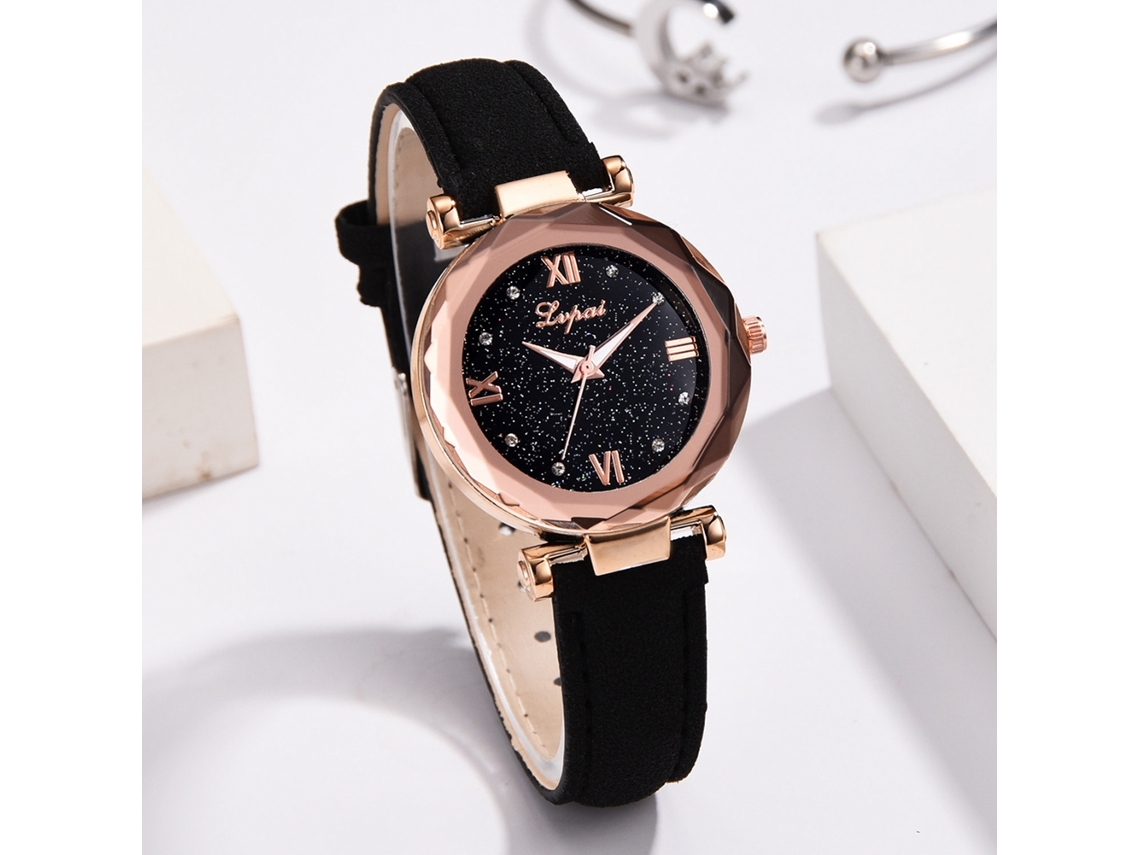Reloj De Pulsera Lvpai Para Mujer Con Diamantes De Imitación, Correa De Piel Sintética Y Movimiento De Cuarzo Negro.