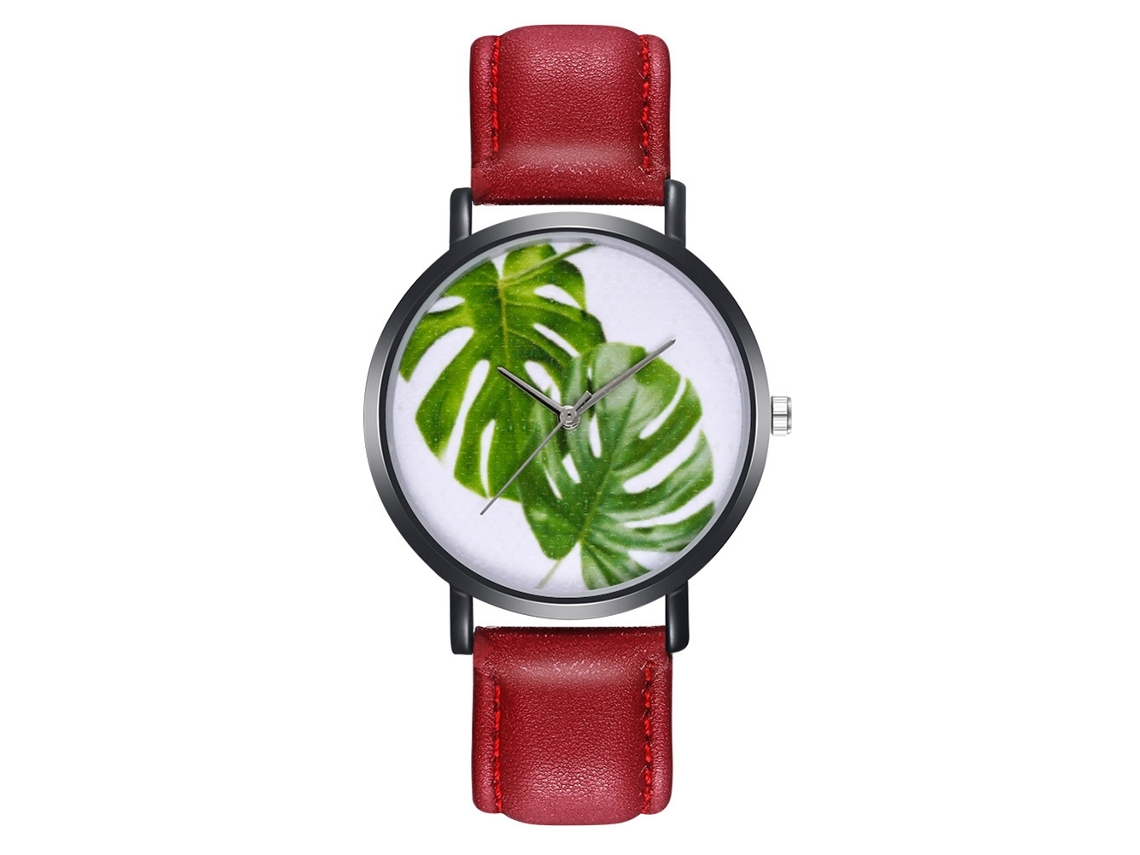Reloj De Pulsera Unisex Zhoulianfa, Piel Sintética, Estampado De Hojas Sencillo, Rojo.