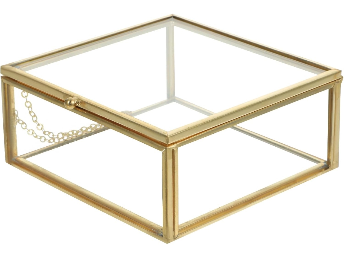 Caja De Joyería De Cristal Transparente Y Aleación De Oro, Con Tapa Decorativa Para Guardar Objetos Pequeños.
