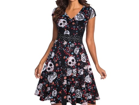 Vestido estampado de manga corta con calavera de Halloween navideña XL