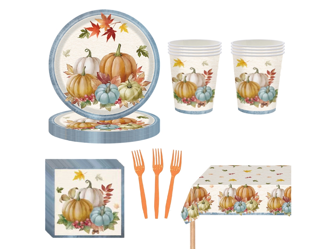 Platos de papel y servilletas con girasoles y calabaza, artículos de fiesta con tenedores, tema de otoño NEVEANCE