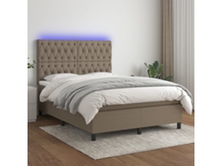 Cama Box Spring Colchón Y Luces Led Tela Gris Taupe 140x190 Cm