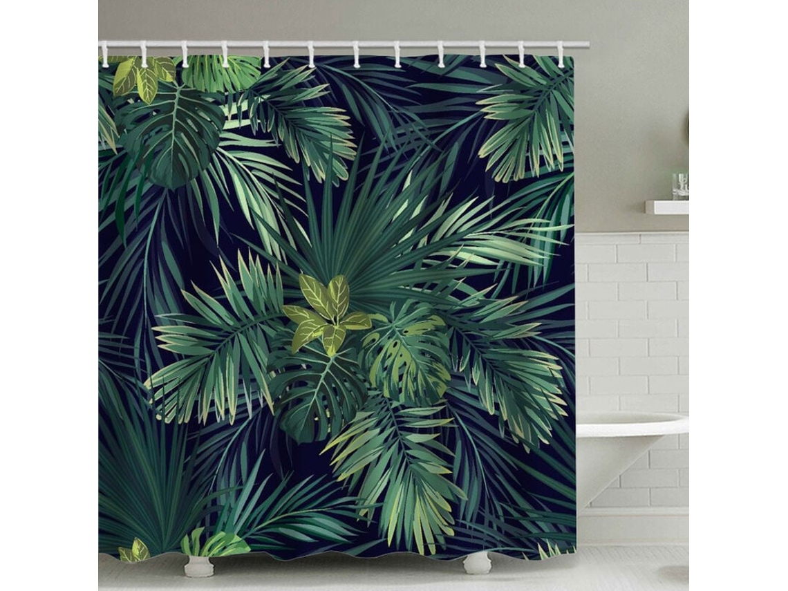 Cortina de ducha con hojas verdes (180 x 180 cm), diseño de plantas tropicales, 12 agujeros, impermeable, diseño moderno, antimoho.