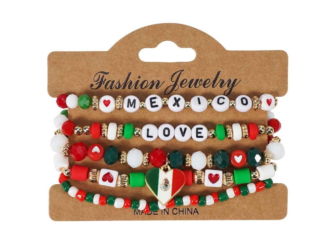 Juego Pulseras Cuentas Corazón Bandera México Rojo Verde Blanco, Joya En Capas Para Aficionados Fútbol Y Actos Patrióticos Mexicanos
