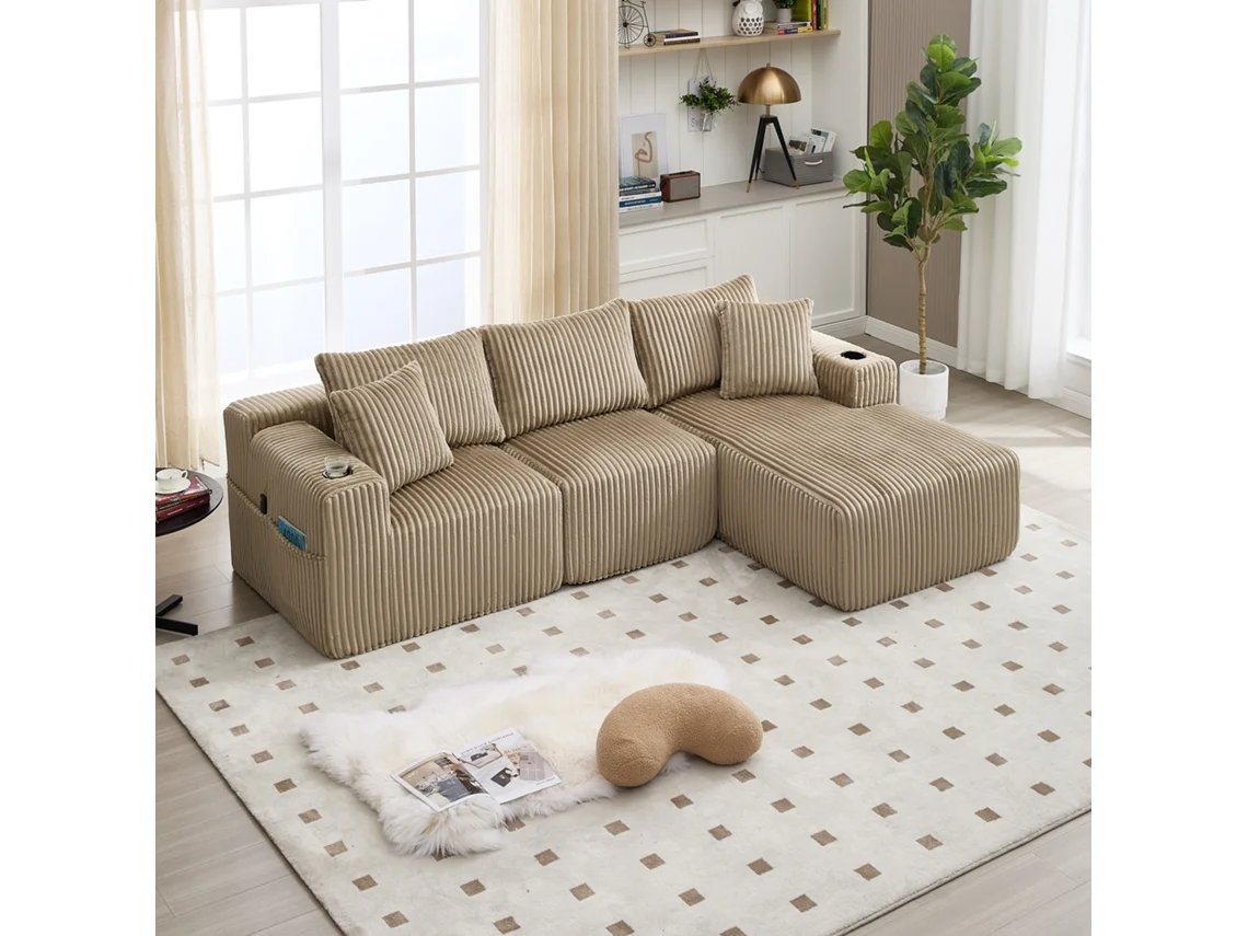 Sofá modular con chaise longue, 2 plazas, terciopelo de pana, espuma de alta densidad.