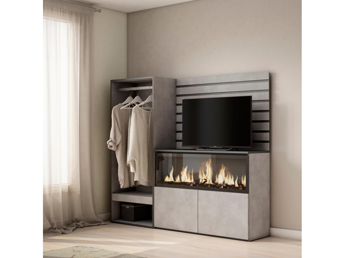Aparador, 167x145x35 cm, Dormitorio, habitación, Chimenea eléctrica XXL, Vestidor abierto, Cemento SKRAUT HOME