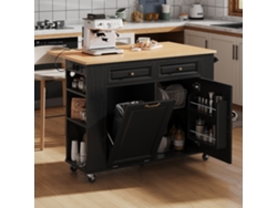 Isla De Cocina Con Ruedas, Cubo De Basura Extensible, Toallero Y Enchufes, Color Negro.