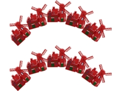 Lote De 10 Molinillos De Viento Decorativos Miniatura De Plástico Rojo, Casitas.