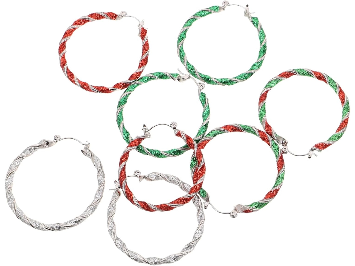 Conjunto De 4 Pares De Brincos De Argola Natalinos, Brincos Redondos Pendentes Com Design Torcido Brilhante.