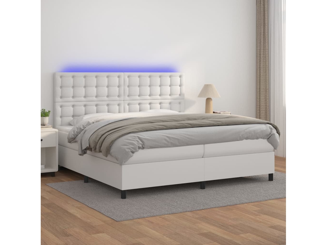 Cama Box Spring Colchón Y Led Cuero Sintético Blanco 200x200 Cm