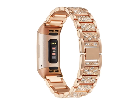 Correa de acero inoxidable cadena de diamantes de imitación para Fitbit Charge 3/4 - oro rosa