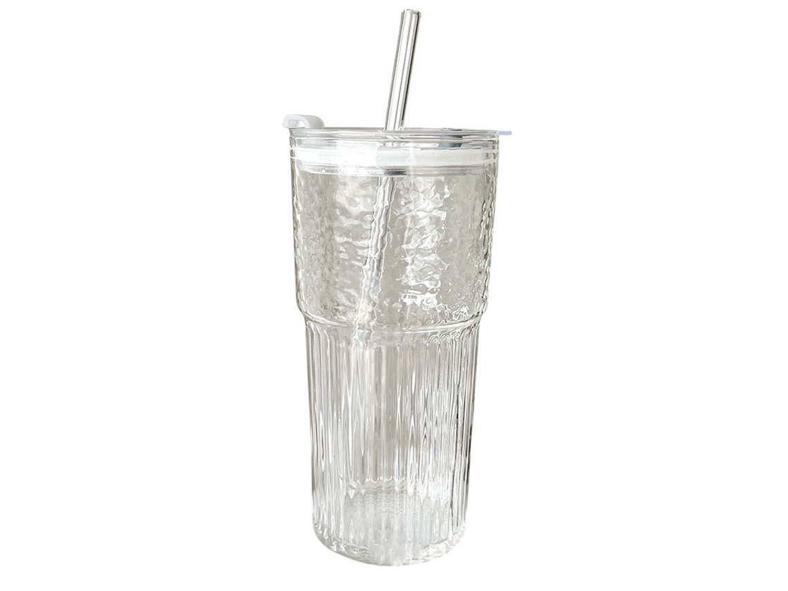 Vaso De 600ml Con Tapa Y Pajita, Estampado De Líneas, Transparente.